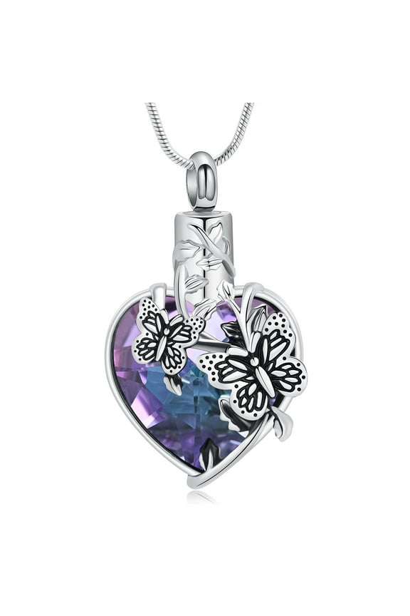 Heart Cremation Jewelry Crystal Butterfly Urn Necklace for Ashes Heart Remembrance Condolence Gift For Women Memorial Human Female Ash Holder Necklace