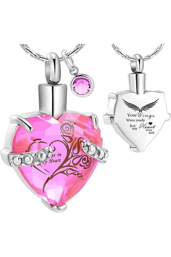 Heart Cremation Jewelry Urn Necklace for Ashes Crystal Memorial Pendant with Birthstone - Always in My Heart Keepsake - Engraved Heart Cremation Necklace
