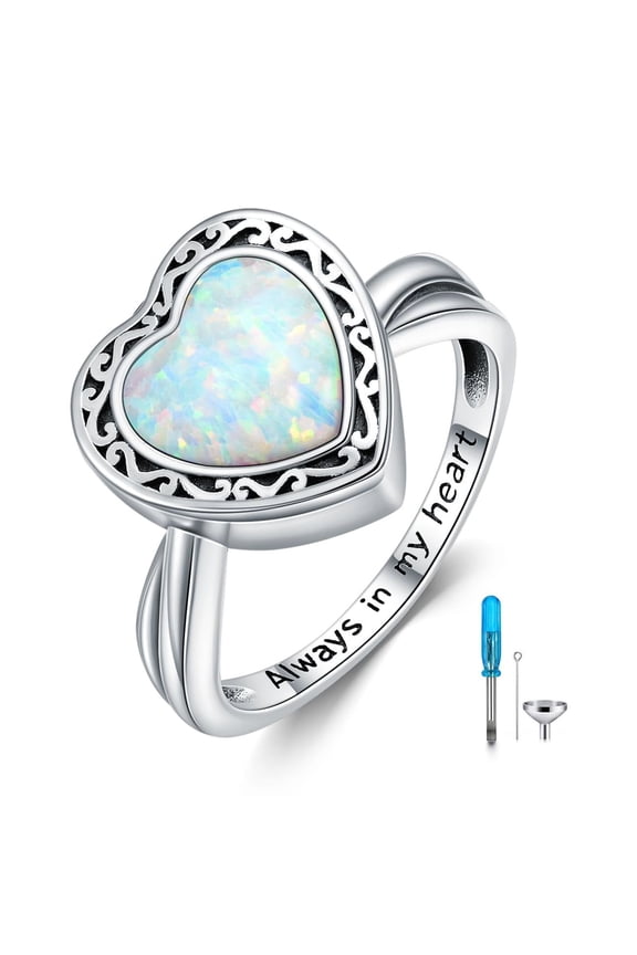 Heart Cremation Ring for Ashes 925 Sterling Silver Opal Urn Keepsake Rings Always in My Heart Memorial Jewelry for Women, Size 7