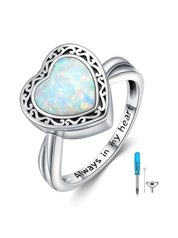 Heart Cremation Ring for Ashes 925 Sterling Silver Opal Urn Keepsake Rings Always in My Heart Memorial Jewelry for Women, Size 8