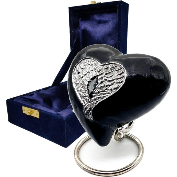 Heart Cremation Urn for Human Ashes Adult | Funeral Decorative Religious ANGLE WING Urns for Women and Men Carefully Handcrafted Keepsake Cremation Heart Shaped Urn Comes with Stand & Gift Box (black)
