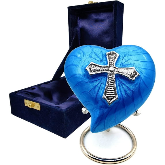 Heart Cremation Urn for Human Ashes Adult | Funeral Decorative Religious Cross Urns for Women and Men Carefully Handcrafted Keepsake Cremation Heart Shaped Urn Comes with Stand & Gift Box (Sky Blue)