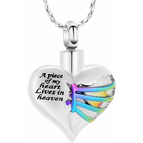Heart Cremation Urn Necklace Pendant for Human Ashes - A Piece of My Heart Lives in Heaven Memorial Keepsakes Cremation Jewelry