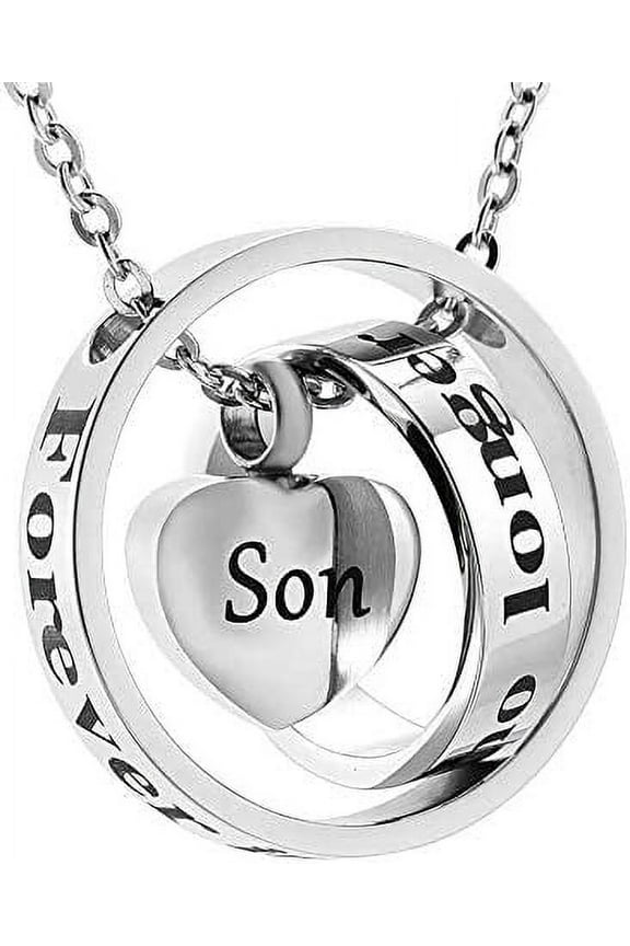 Heart Cremation Urn Necklace for Ashes Memorial Keepsake Jewelry No Longer by My Side Forever in My Heart (S7-Son)