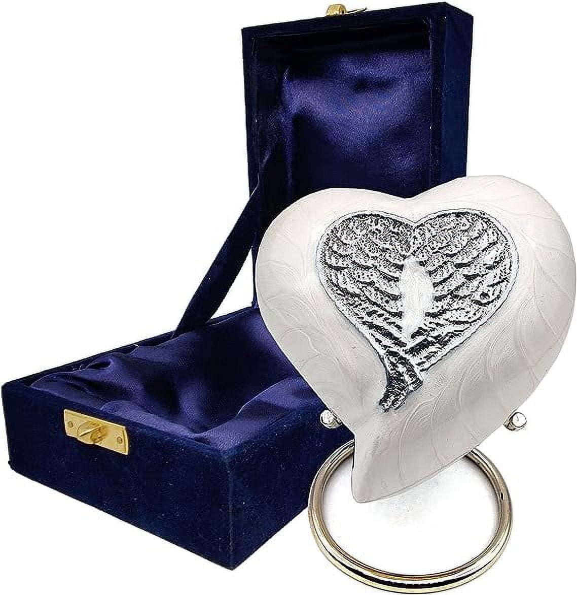 Heart Cremation WHITE Urn for Human Ashes Adult Funeral Decorative Angel Wings Urn for Women and Men Carefully Handcrafted Keepsake Cremation Heart Shaped Urn Comes with Stand & Gift Box (WHITE WING)