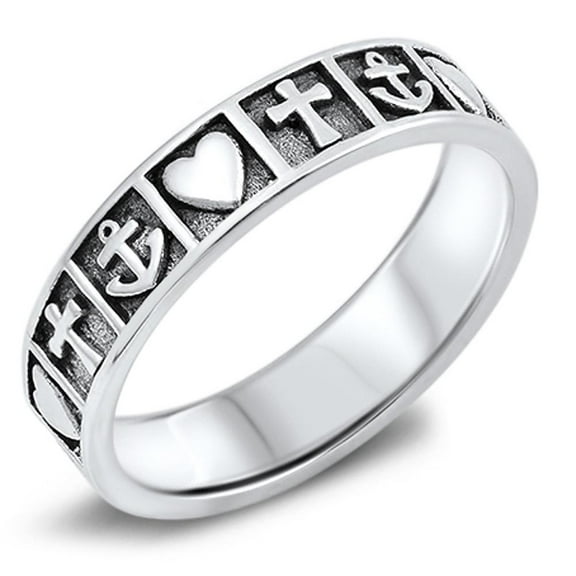 Heart Cross Anchor Life Christ Love Ring 925 Sterling Silver Band Jewelry Female Male Unisex Size 9