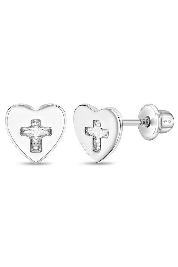Heart & Cross Cutout Baby / Toddler / Kids Earrings Screw Back Sterling Silver