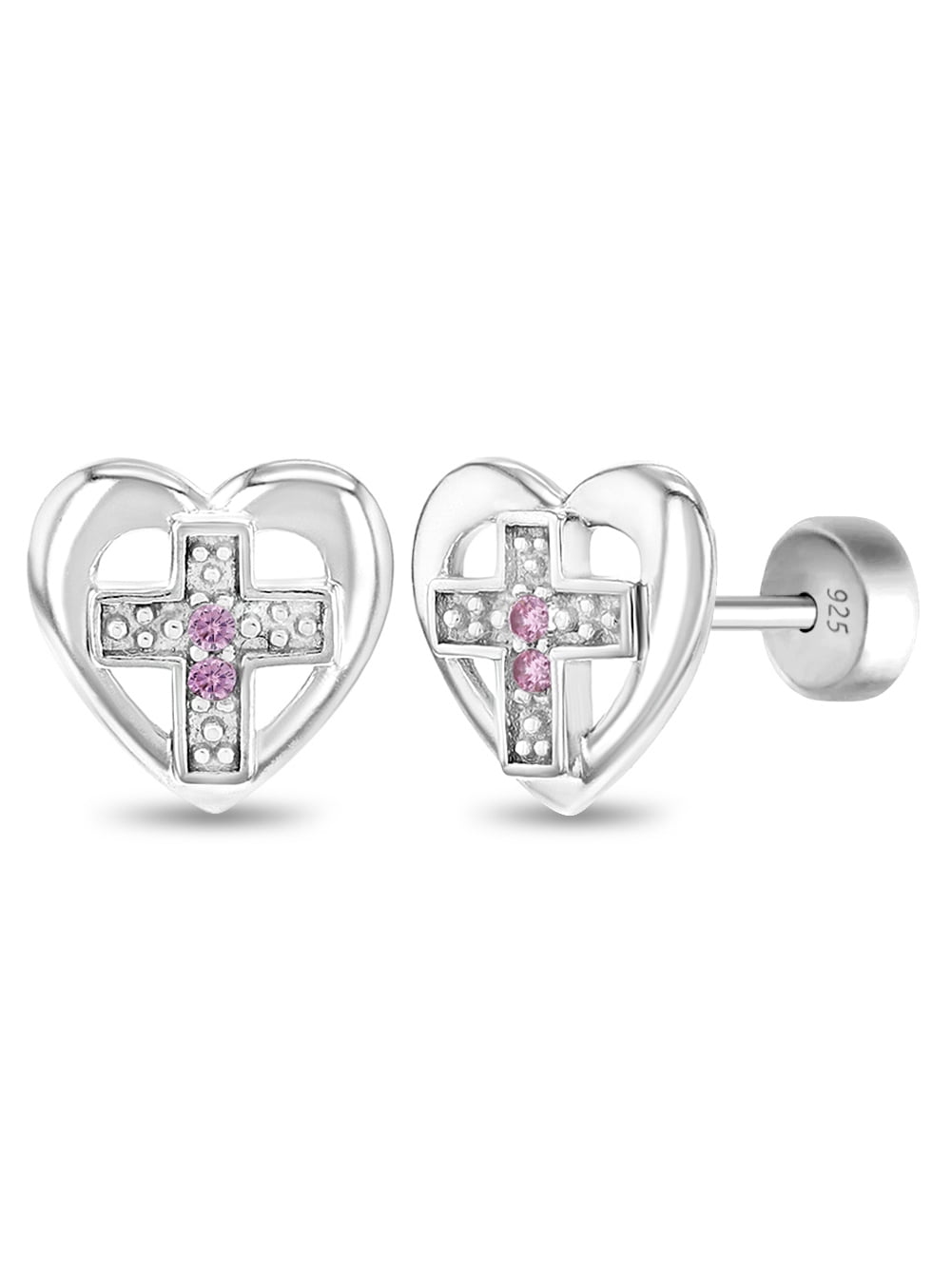 IN SEASON JEWELRY Heart Cross Kids / Childrens / Girls Earrings Safety Push Back - Sterling Silver