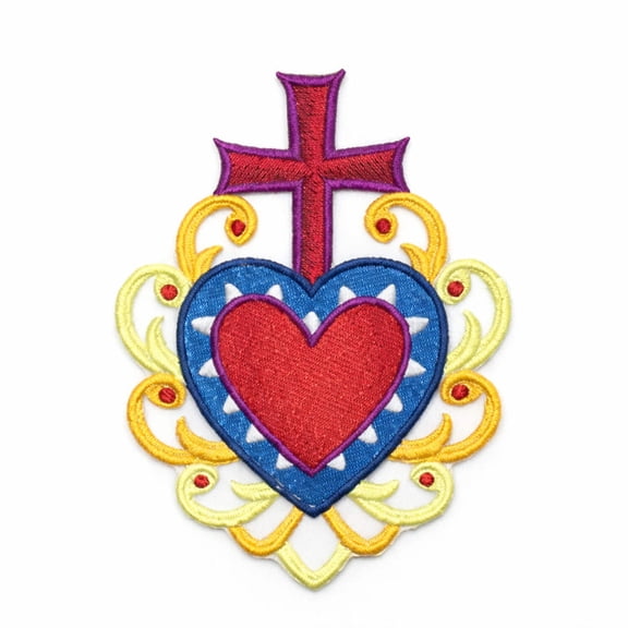 Heart, Cross Milagro Embroidered Iron on/Sew Patch [4.86" X 6.41"]