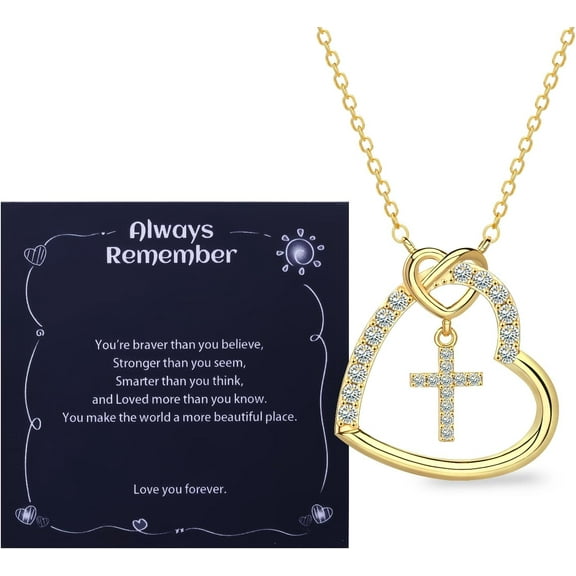Heart Cross Necklace ,14K Gold Plated with CZ Stones, Birthday Christmas Everyday Wear Religious Jewelry Gift for Daughters, Granddaughters, Nieces