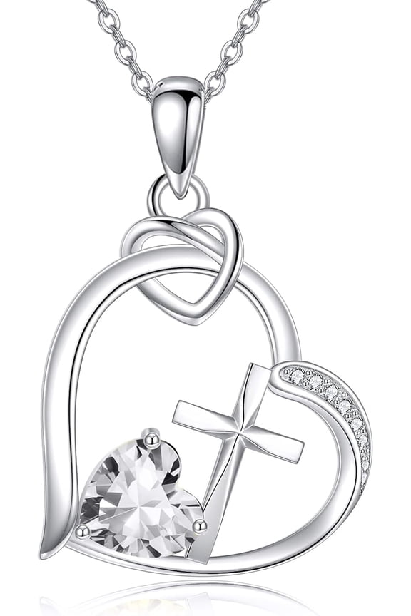 Heart Cross Necklace Cross Birthstone Necklace Christian Religious Jewelry Birthday Gifts for Women Wife Mom