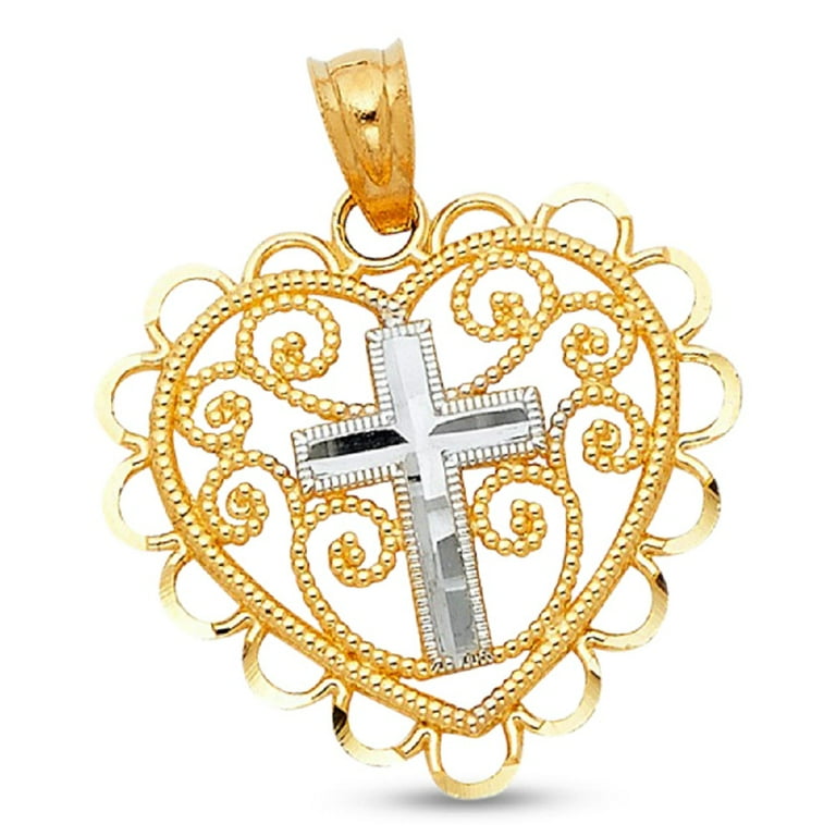 14k Yellow and White Gold Two-Tone Hearts Cross Pendant 14k Yellow and White Gold Two-Tone Hearts Cross Pendant