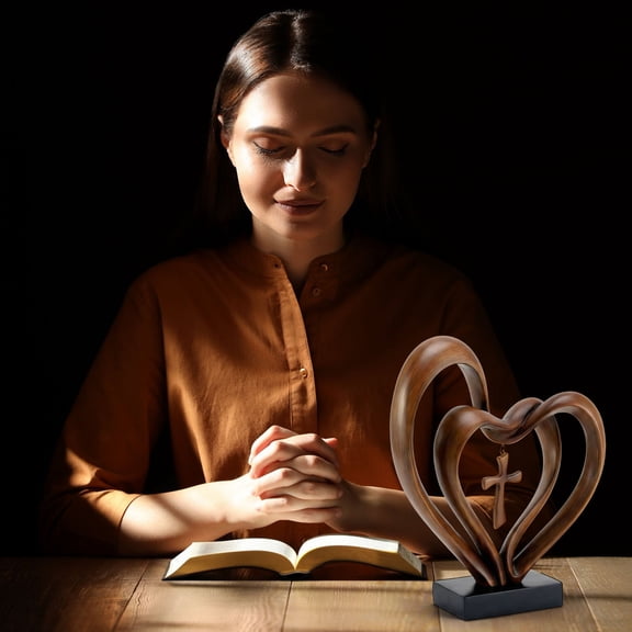 Heart with Cross Tabletop Sculpture, Brown Resin Decor with Marriage Prayer Card, Religious Home & Office Ornament, Christian Wedding & Anniversary Gift