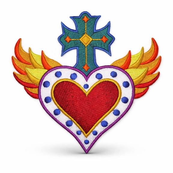 Heart Cross and Flames Milagro Embroidered Iron on/Sew Patch [5.21" X 4.88"]