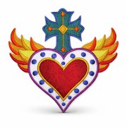 Heart Cross and Flames Milagro Embroidered Iron on/Sew Patch [5.21" X 4.88"]