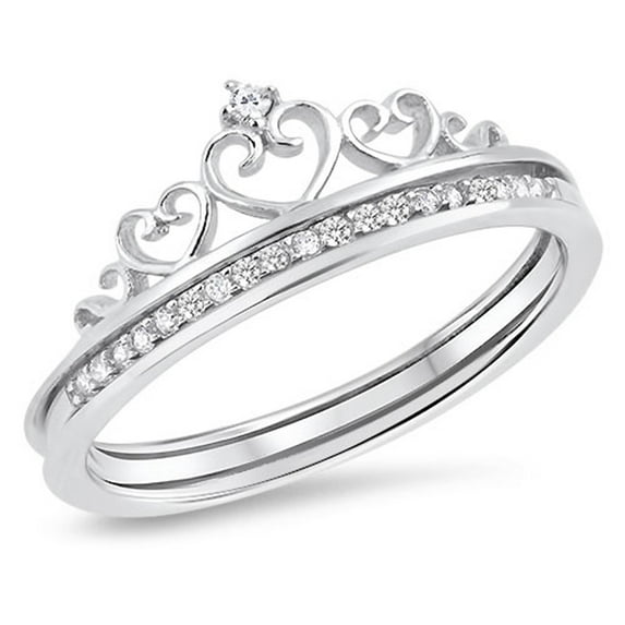 Heart Crown Clear CZ Promise Ring ( Sizes 5 6 7 8 9 10 ) Set New .925 Sterling Silver Band Rings (Size 10)