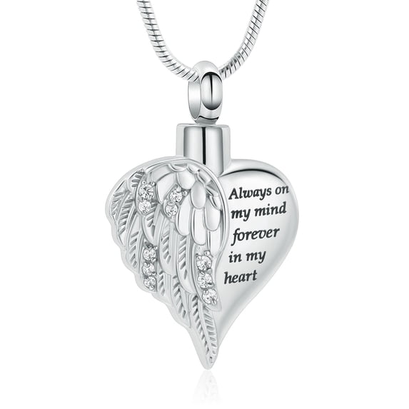 Heart Crystal Setting Wing Cremation Jewellery Urns For Ashes Keepsake Necklace Always on my mind forever in my heart
