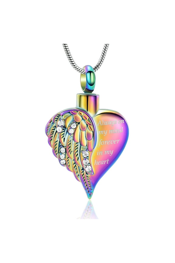 Heart Crystal Setting Wing Cremation Necklaces for Ash Holder Urn Jewelry for Human Ash Locket