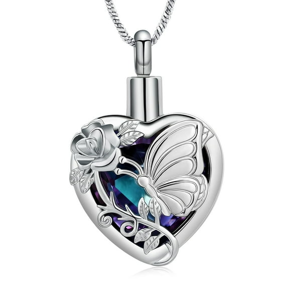 Heart Crystal Urn Necklace for Ashes Butterfly Cremation Jewelry Roseflower Ashes Pendant Stainless Steel Memorial Ashes Keepsake Necklace for Women Men