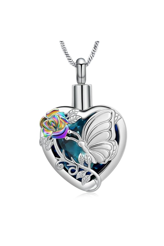 Heart Crystal Urn Necklace for Ashes Butterfly Cremation Jewelry Roseflower Ashes Pendant Stainless Steel Memorial Ashes Keepsake Necklace for Women Men