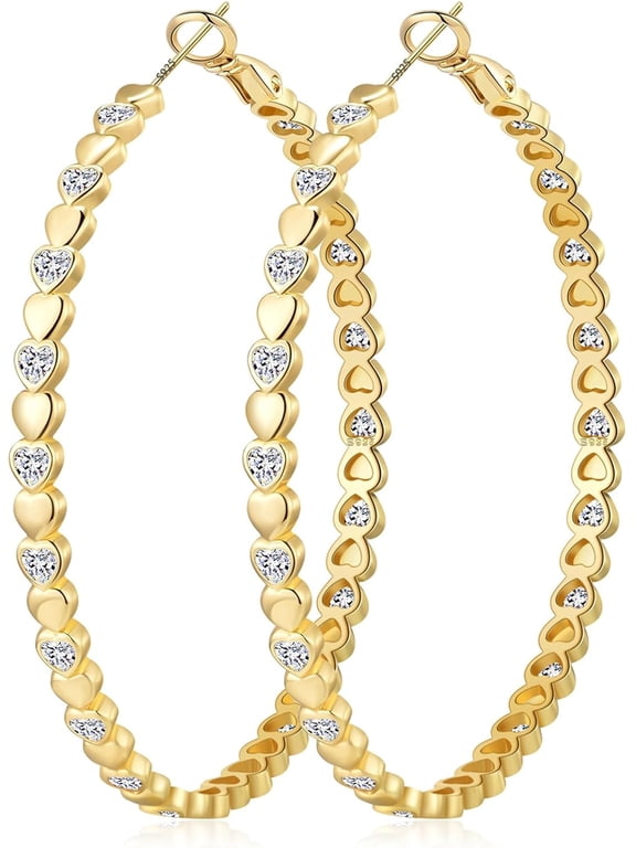 Heart Cubic Zirconia Large Hoop Earrings for Womens 14k Gold Plated Hypoallergenic Rhinestone Hoops Earring Sparkly Jewelry Gift 30/40/50/60mm