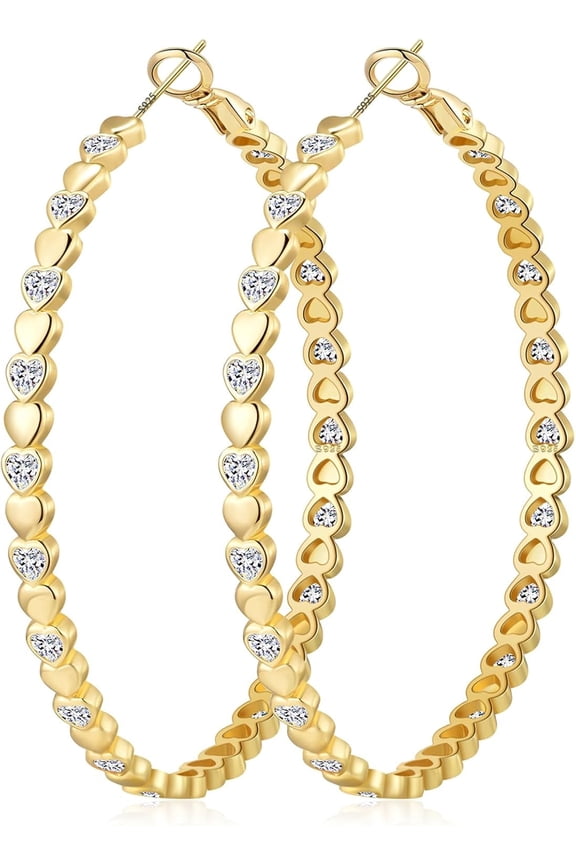 Heart Cubic Zirconia Large Hoop Earrings for Womens 14k Gold Plated Hypoallergenic Rhinestone Hoops Earring Sparkly Jewelry Gift 30/40/50/60mm