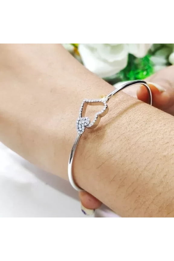 Heart Cuff Bangle Bracelet 2 Ct Round Cut White Moissanite 14K White Gold Plated