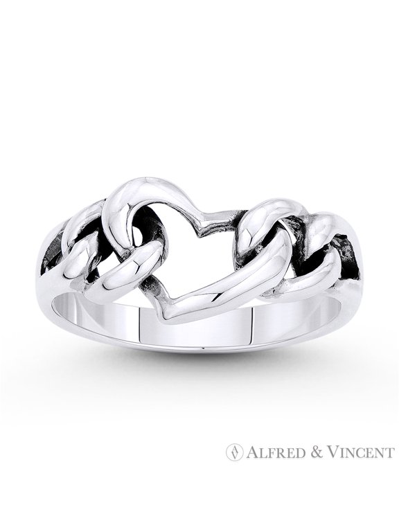 Heart, Curb Links, Splitshank Band Love Charm Ring in Oxidized .925 Sterling Silver