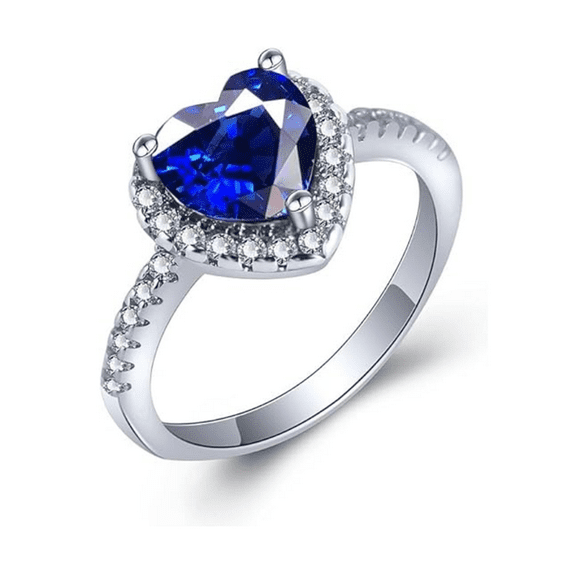 Heart Cut Blue Sapphire & Diamond Bridal Engagement Ring in 925 Sterling Silver - September Birthstone Ring For Her