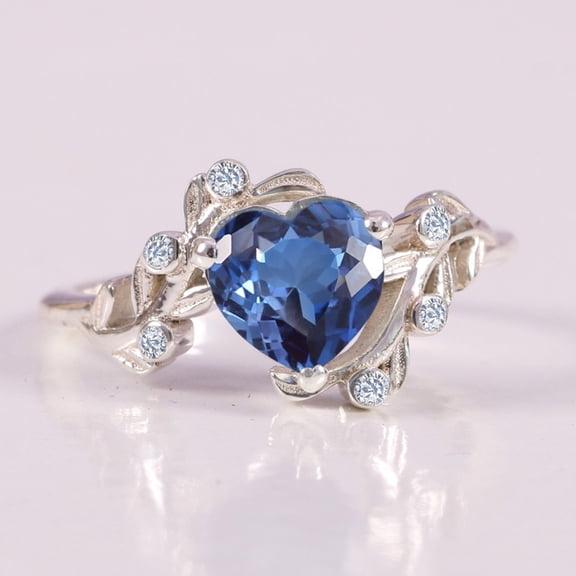 Heart Cut Blue Sapphire Silver Engagement Ring, Leaf Handmade Jewelry, Diamond Proposal Jewelry for Women 925 Starling Silver Earring, Perfect Anniversary & Bridal Band Ring,