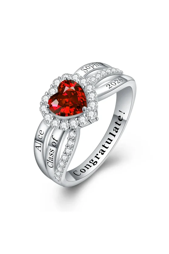 Heart Cut (CZ) Halo Setting Customized High School Name,Year And Inside Engraved Graduation Ring In 925 Sterling Silver