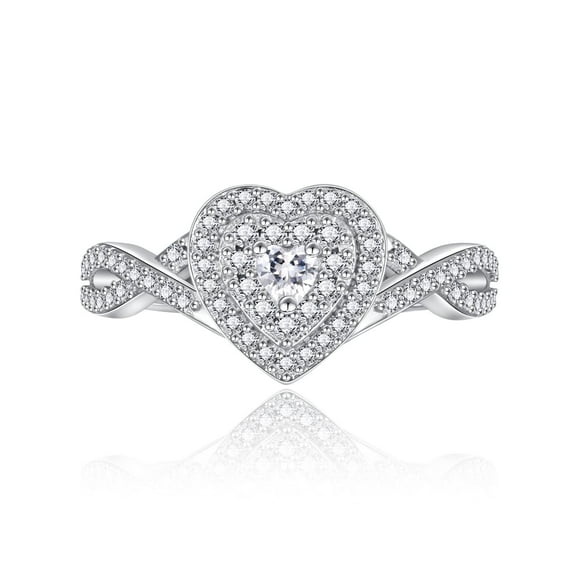 Heart Cut Diamond Wedding Ring, Double Halo Diamond Engagement Ring, Criss Cross Shank Pave Set Diamond Ring, Promise Ring For Her, 14K White Gold Plated, 2.3 Ct Simulated Diamond
