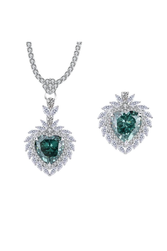 Heart Cut Jewelry Set for Women Wife Mom 2pcs 15*16MM Green Pendant Necklace Ring 925 Sterling Silver Wedding Jewelry Sets for Brides Prom Jewelry Sets