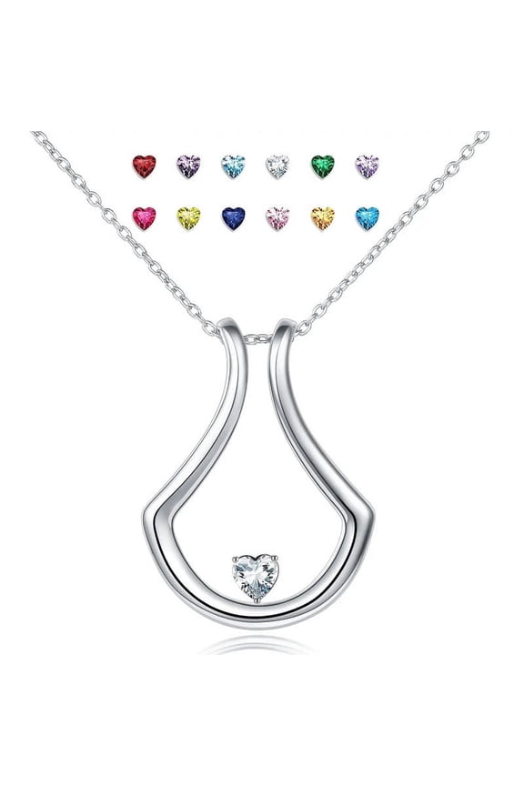 Heart Cut Lab-Created Zircon Birthstone Ring Holder Pendant Necklace in 925 Sterling Silver for Women - Elegant, Durable, Stylish, Giftable, Adjustable
