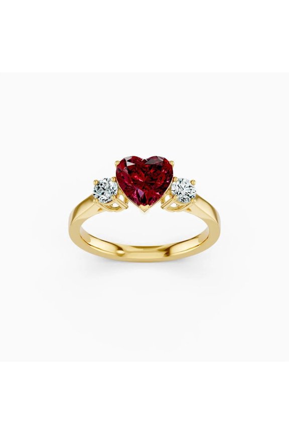 Heart Cut Lab Ruby Three Stone Ring, 7mm Ruby Engagement Ring, Ruby and Moissanite Ring, Sterling Silver Ring, Proposal gift for mother