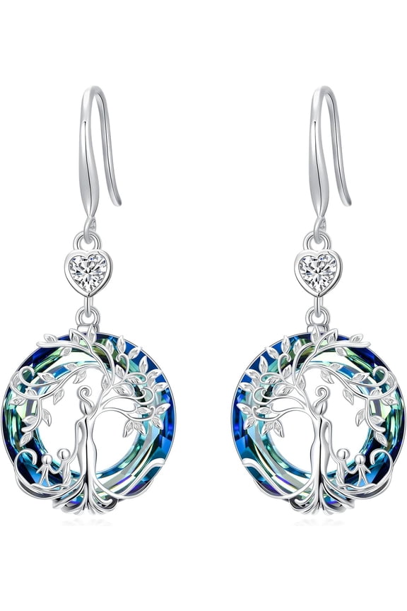 Heart-Cut Moissanite Tree of Life Drop Dangle Earrings for Women, 925 Sterling Silver Blue Crystal Mother Tree of Life Dangle Hoop Earrings Family Tree Earrings Jewelry Gift for Mom Mother's Day Gift