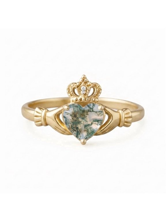 Heart Cut Moss Agate & Round Diamond Claddagh Ring, 925 Sterling Silver Yellow Gold Plated Heart Crown Ring, Handmade Jewelry, Proposal Ring