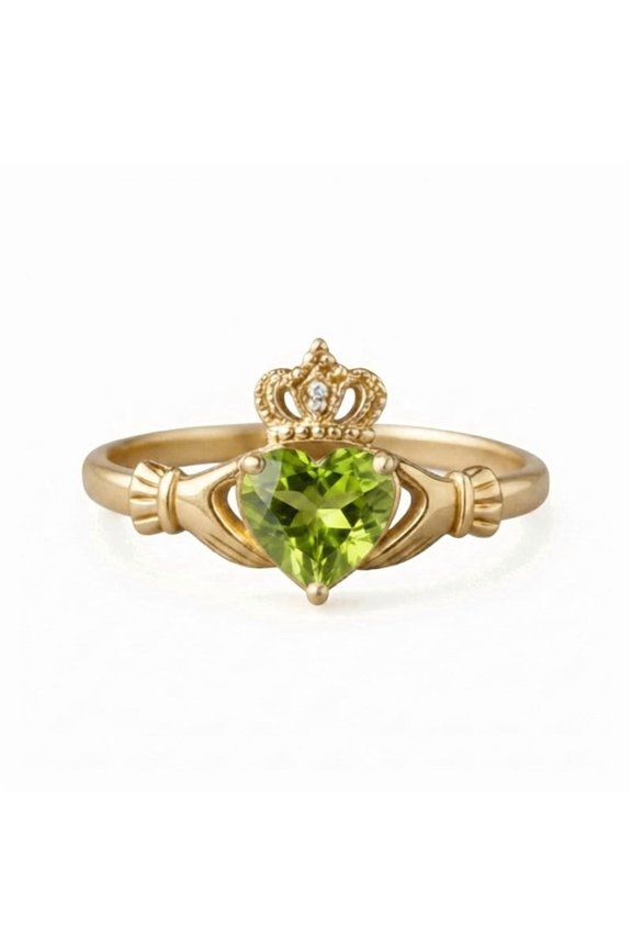 Heart Cut Peridot & Round Diamond Claddagh Ring, 925 Sterling Silver Yellow Gold Plated Heart Crown Ring, August Birthstone Jewelry, Anniversary Gift