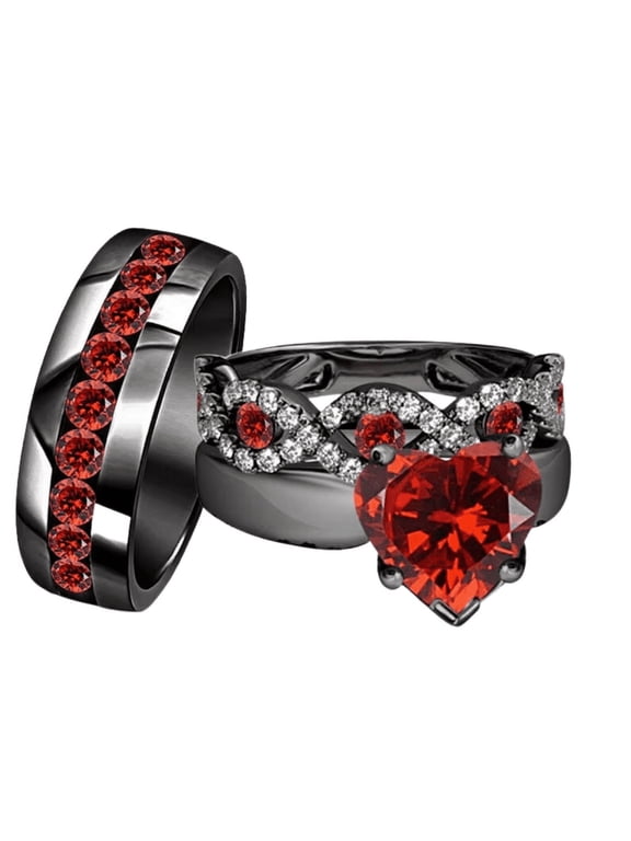 Heart Cut Red Garnet & White Diamond Trio Ring Set in 14k Black Vermeil - His & Her Proposal Ring set - Anniversary Ring For Couple