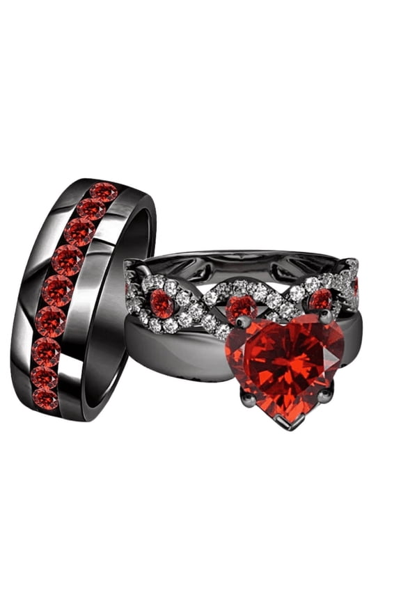 Heart Cut Red Garnet & White Diamond Trio Ring Set in 14k Black Vermeil - His & Her Proposal Ring set - Anniversary Ring For Couple