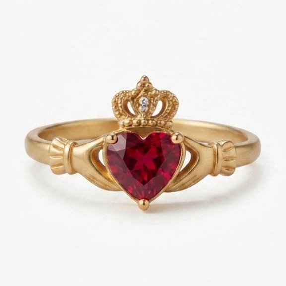 Heart Cut Ruby & Round Diamond Claddagh Ring, 925 Sterling Silver Yellow Gold Plated Proposal Heart Crown Ring, July Birthstone Jewelry, Gift for Her
