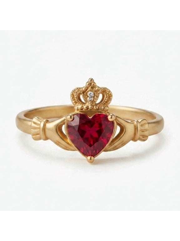Heart Cut Ruby & Round Diamond Claddagh Ring, 925 Sterling Silver Yellow Gold Plated Proposal Heart Crown Ring, July Birthstone Jewelry, Gift for Her