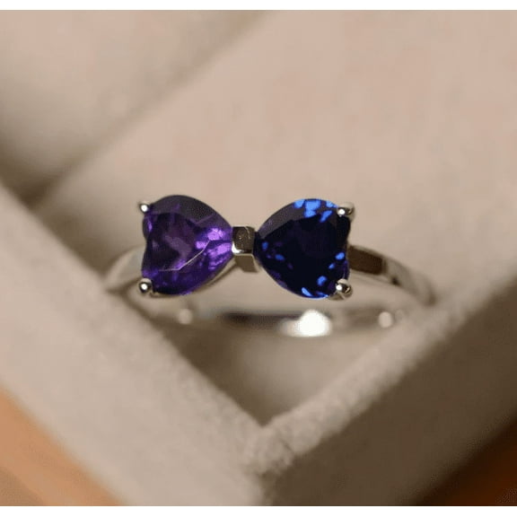 Heart Cut Sapphire & amethyst ring in 925 Sterling Silver - heart cut birthstone ring- sterling silver