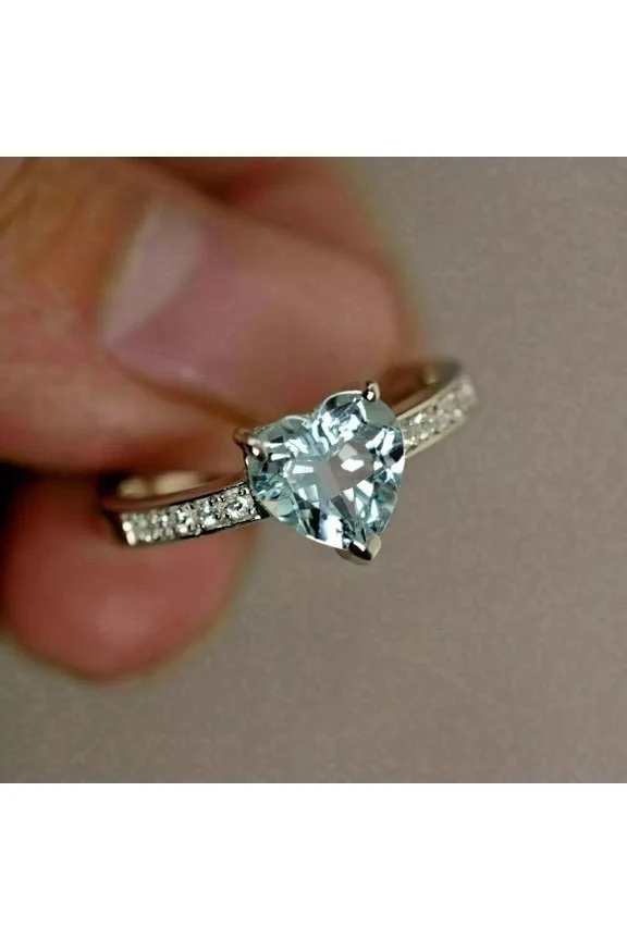 Heart Cut Simulated Aquamarine Women's Stunning Band Ring 14K White Gold Plated