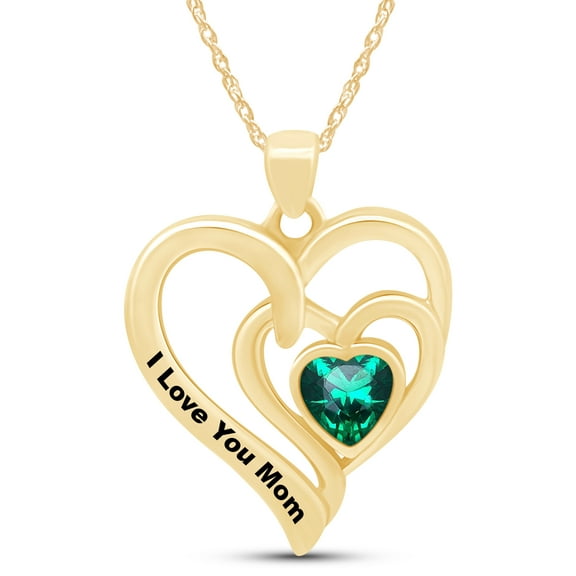 AFFY Heart Cut Simulated Emerald " I LOVE YOU MOM " Double Heart Pendant Necklace In 14k Yellow Gold Over Sterling Silver