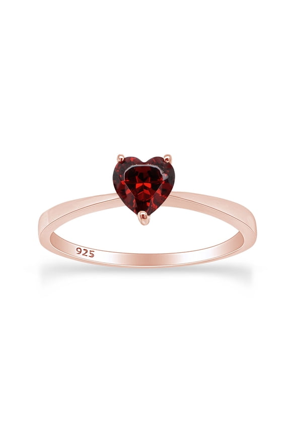 Heart-Cut Simulated Red Garnet January birthstone Solitaire Ring In 14K Rose Gold Over Sterling Silver (0.25 Cttw)