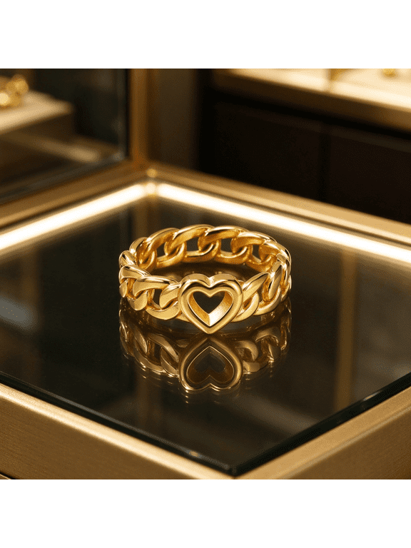 Heart Cutout Chain Link Band Ring For Men Women 14K Gold Filled Glamorous Modern Jewelry