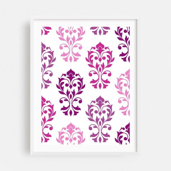 Heart Damask Art Pinks Plums White - Digital Art Pattern Floral Geometric Modern Art Art Deco Abstract White Framed Wall Art Print 18 x 24 inches