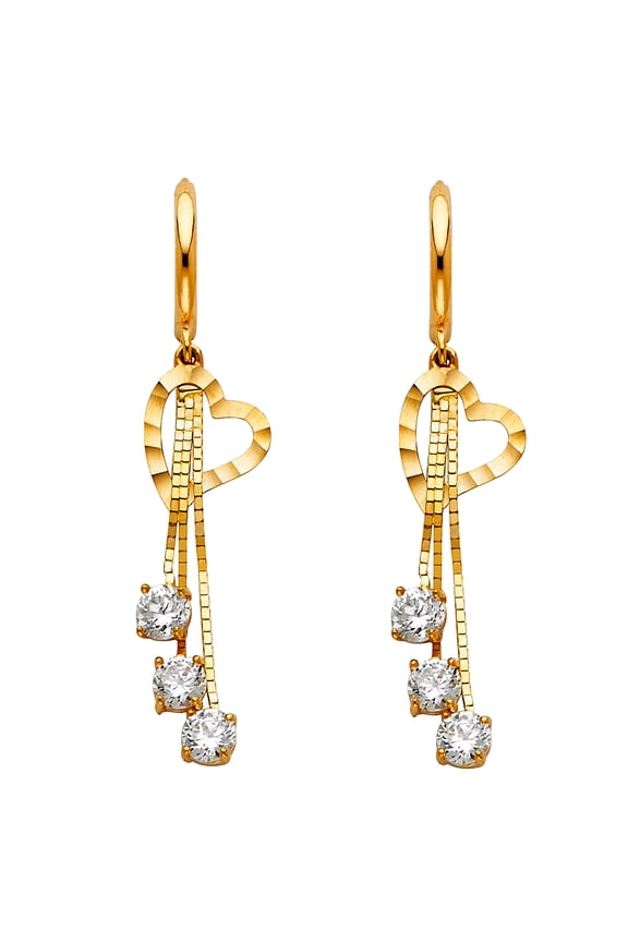 Heart Dangle Earrings Solid 14k Yellow Gold Huggies Hanging Chain CZ Drops Diamond Cut Fancy 30 mm