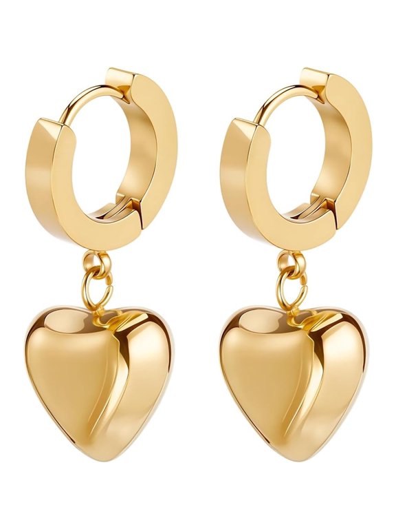 Heart Dangle Earrings for Women, 18K Gold Plated 304 Stainless Steel Chunky Love Dangling Hear Earrings Drop French Ear Hooks Huggie Hoops with Drawstring Bags for Valentine's Day Gifts